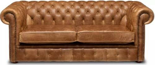 Chesterfield Plus Three Seater Sofa – Genuine Vintage Italian Leather | Handmade UK Classic with Deep Button Tufting, Rolled Arms & Mahogany Feet (Cracked Tan Leather)