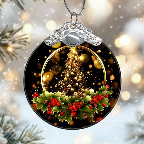 Ornamenti natalizi in vetro per albero di Natale, bacche di agrifoglio festive, decorazioni dorate, da appendere, per camino, soggiorno, ufficio, negozio, vetrina, 7,6 x 7,6 cm