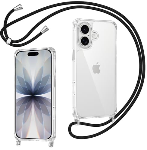 Coiwxmoi Coque pour iPhone 16 avec Cordon, Transparente [Anti-Jaunissement] [Antichoc] Coque TPU Bumper Silicone Housse avec Chaîne Lanière Collier Réglable Protection Case pour iPhone 16, Noir