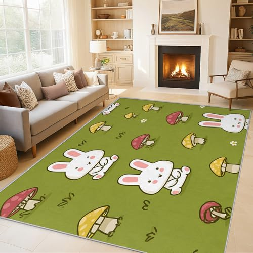 Generisch Teppich Wohnzimmer hase Cartoon, Teppich Häschen Niedliche Kinder für Schlafzimmer Deko, rutschfest Waschbar Weich Kurzflor Teppiche Gegend 100 x 150 cm QAZ47