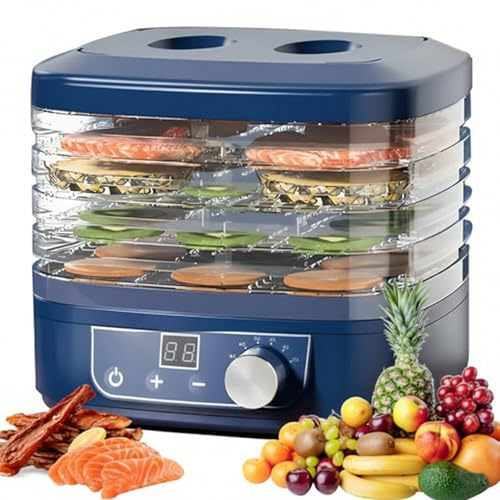 Deshidratador de Alimentos Eléctrico de 5 Bandejas para Fruta, Carne y Verdura – Secador 360° Airflow con Temporizador 72H, Control de Temperatura 35–70°C, sin BPA para Snacks y Premios blue