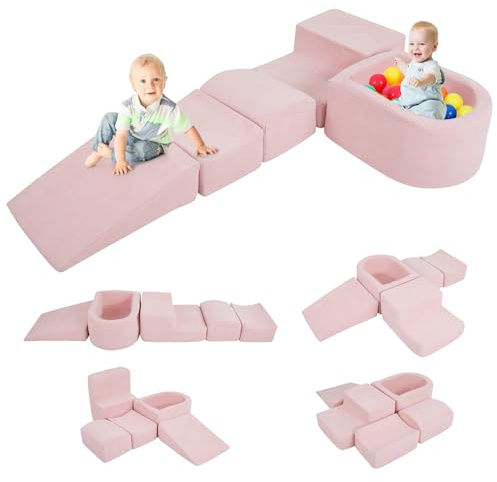FANTASK 5-teilige Schaumstoffbausteine XXL, Riesen Kletterblöcke mit Bällebad, Großbausteine zum Toben & Klettern, Soft Spielbausteine für Zuhause, Kinderzimmer & Spielzimmer (Rosa, Cordstoff)
