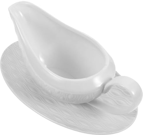 MOKKHNB Salsera de Cerámica de Color Blanco 255 Ml con Asa, Jarra para Salsa y Platillo Incluido, Adecuado para Servir Salsa, Crema o Leche en Cocina y Restaurante