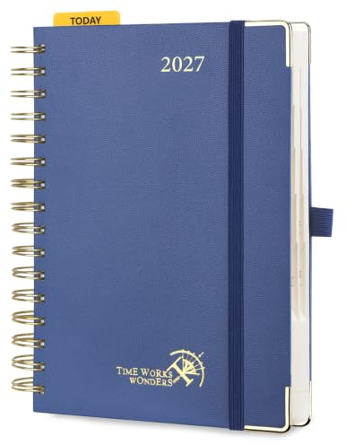 POPRUN Kalender 2027 Tageskalender A5 1 Tag 1 Seite, Hardcover Tagesplaner | 12-Monate-Terminplaner(Jan.2027-Dez.2027), Spiralbuch, 80 GSM Papier, mit Plastiklineal, für Büro & Studium(Marineblau)