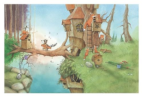 Bilderwelten Fototapete Kinderzimmer Wassili Waschbär und Familie Fuchs 190 x 288 cm Vlies-Tapete XXL Smart Wandtapete Wanddekoration Kindertapete