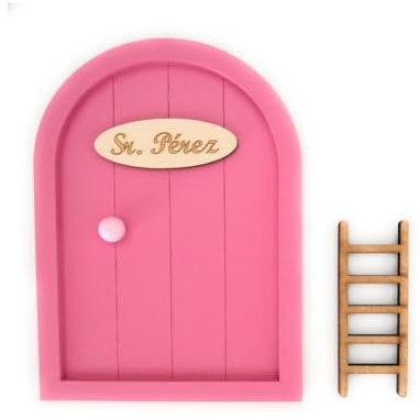 Ratoncito Pérez Puerta Madera Escalera + Felpudo + Ratoncito de Madera/Decoraciones de Pared con Adhesivo (Fucsia)