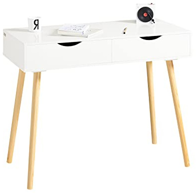 SoBuy Bureau avec 2 Tiroirs Charge Max. 75kg 90x77x45cm Bureau | petit bureau rangement, MDF E1, design blanc moderne, pour ordinateur et chambre FWT40-WN