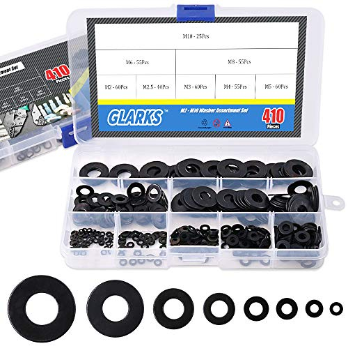 Glarks - Set di 410 rondelle piatte metriche, M2, M2,5, M3, M4, M5, M6, M8, M10, in lega zincata, colore: Nero