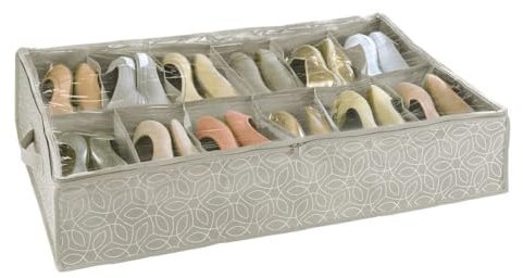 WENKO Custodia sottoletto per scarpe Balance - Custodia portascarpe con 12 scomparti, scatola portascarpe con coperchio, Polipropilene, 74 x 15 x 60 cm, Tortora