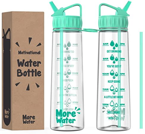 More Water Bottle With Straw, Motivational Time Markings 900ml - Drinking Tracker Bottles - Times to Drink - BPA Free Sports Bottles