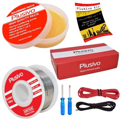 Solder Wire and Rosin Paste Flux Kit - 60-40 Tin Lead Rosin Core Solder Wire (1mm, 100g) and Rosin Paste Flux for PCB Electrical Soldering and DIY from Plusivo