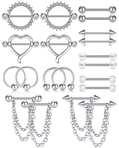 Funseedrr 10-12 Paar Brustwarzenpiercing Edelstahl 14G 16mm Barbells Nippelpiercing Brustpiercing Piercing Brustwarze Schmuck Set
