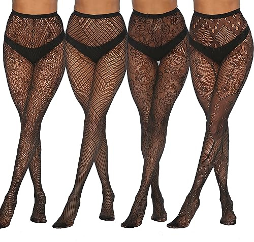 MANZI 4 Paar Damen Strumpfhose Schwarz Muster Sexy Netzstrumpfhosen