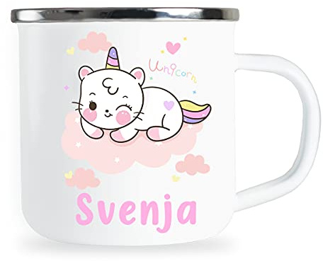 Personalisierte Kindertasse mit Name und niedlichem Einhorn Motiv Emaille Tasse individuelle Geschenke Mädchen Kind Geburtstag Geschenkidee für Kinder Metallbecher Emailletasse
