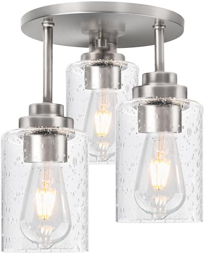 hykolity 3-Light Semi Flush Mount Ceiling Light, 9 Inch Brush Nickel Close to Ceiling Light Fixtures with Seeded Glass Shades, Modern Ceiling Lighting for Kitchen, Bedroom, Entryway, ETL Listed