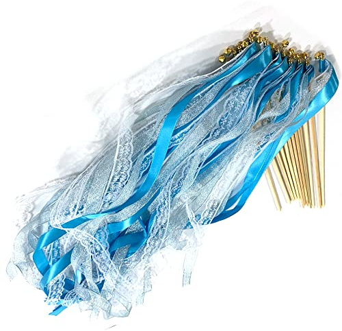 DHER 12 Wedding Ribbon Stick For Wedding Baguettes de Mariage avec Rubans | Blau Baguettes Magiques en Dentelle avec Cloches pour Mariage Enterrement de Vie de Jeune Fille Anniversaire Fête Célébration