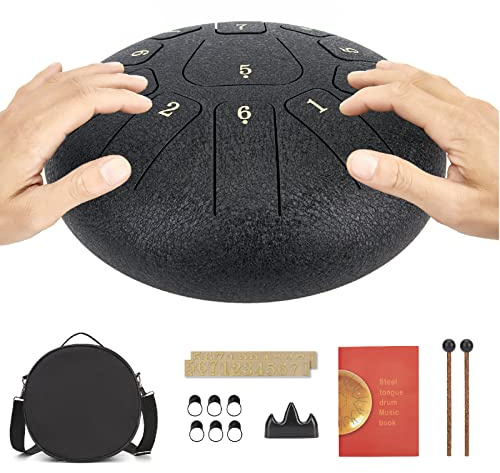 Handpan Steel Tongue Drums mit 11 Tönen, Perkussionsinstrument aus Stahl, 10 Zoll Handtrommel mit Tasche, Musikinstrument ideal für Meditation, Yoga, Leistung, Bildung (schwarz)