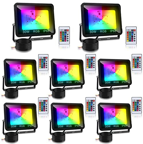 Tubiaz RGB LED Floodlight, 8pcs 30W LED Proyector con Control Remoto, 16 colores 4 modos Cambio de color regulable para exterior, Función de Memoria, Impermeable IP66 para Jardín (sin enchufe)