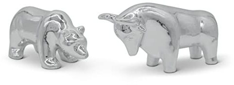 FeinKnick Keramik-Skulptur Bulle und Bär als Symbol für Wirtschaft & Börse - Moderne Dekofigur in Silber aus Keramik - Deko Figuren Paar als Schreibtisch Deko - Figur für Wohnzimmer & Büro