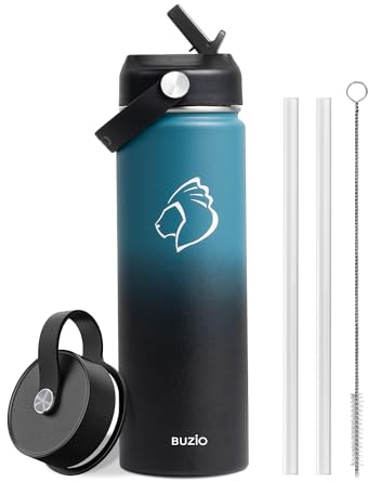 Insulated Water Bottle with Straw, BUZIO Stainless Steel Waterbottle 750 ml Wide Mouth Vacuum Double Wall Water Bottle with Straw Lid and Flex Cap Cold for 48 Hrs, Indigo Crush