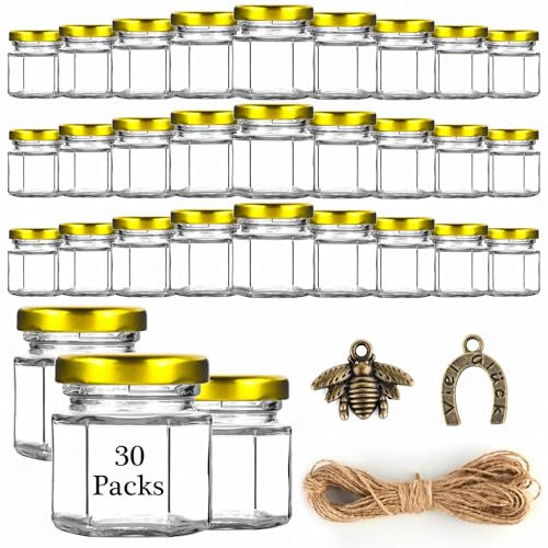 MAOOY Kleine Honiggläser, 30 Stück Mini Honigglas 45ml mit Honiglöffel, Bronze Beed, Hanfseil, Dankeskarten, Organzabeutel, Kleine Gläser für Baby Feier, Hochzeit, Geburtstag Gastgeschenk