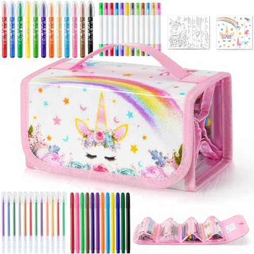 WERNNSAI Einhorn Schreibset Malset - 56 Stk Filzstifte Kinder Geschenke für Mädchen mit Einhorn Federmäppchen Mädchen Spielzeug Pustestifte für kinder mit Aufklebern und Malvorlagen