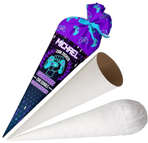 Ferocity Schultüte Geboren zum Zocken mit Namen für Jungen, Personalisierte Tüte, 70 cm Zuckertüte aus Stoff mit runde Papprohling und Füllung aus Silikonkügelchen, große Tüte als Kissen [149]