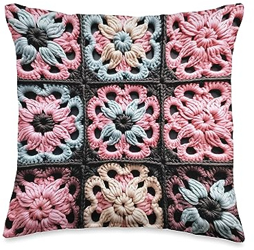 Crochet Lover Craft Cottage Cute Granny Square Pattern Pastel Pink Blue Graphic Throw Pillow, 16x16, Multicolor