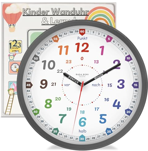 Bada Bing Montessori Orologio da parete per bambini – Vetro acrilico infrangibile – Orologio da studio senza rumore – Orologio analogico per bambini per imparare l'ora – Cameretta bambini ragazze e