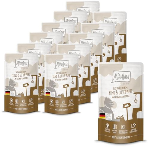 MjAMjAM - Cibo umido premium per gatti - Quetschie - DUO a base di gustoso manzo e squisito tacchino con zucca cotta a vapore, confezione da 12 (12 x 125g), senza cereali con carne extra