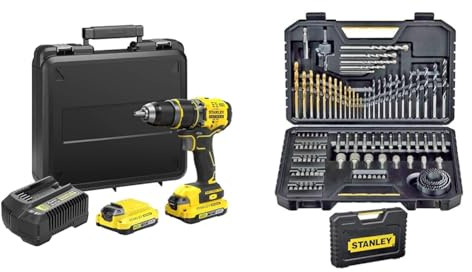 Stanley FATMAX Perceuse à Percussion sans Fil 18V Lithium Ion 80 Nm Moteur Brushless 35 700 cps/mn & STANLEY Lot de 100 forets hex et accessoires, sur Métal, en Plastique