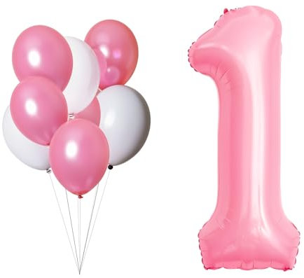 LAC Palloncino Numero 1 Rosa Pastello – Kit Decorazioni Compleanno 1 Anno – 8 Pz Palloncini Rosa e Bianchi in Lattice – Decorazioni Festa Compleanno Bimba 1 Anno – Gonfiabili con Aria o Elio