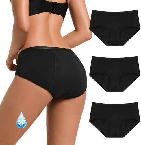 INNERSY Perioden Unterwäsche Starke Blutung Bambus Menstruationsunterwäsche Period Panties 3 Pack (M, 3 Basic Schwarz)