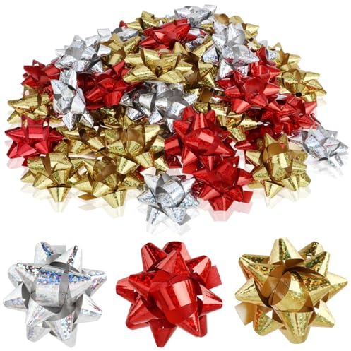 Wilhelm Sell® 60x Noeuds Cadeaux Autocollants - 5 x 2 cm Noeuds colorés pour Cadeaux - Noeuds décoratifs prêts à l'emploi pour Noël, Anniversaires et Mariages (Or/Argent/Rouge)