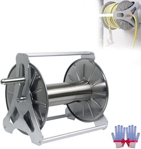 ANGDI Wall-Mounted Garden Hose Reel, Stainless Steel Garden Hose Holder with Crank, Freestanding Hose Storage Rack, Holds 50M Hose Capacity, for Yard Garden Farm and Patio