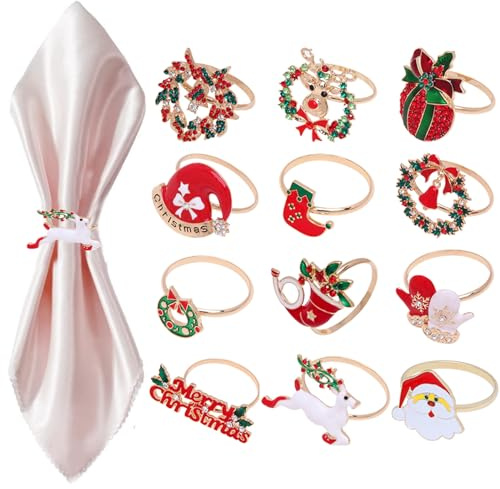 12 Stücke Serviettenringe Gold Weihnachten Metall Serviettenschnallen Napkin Rings für Weihnachten Tisch Hochzeit Urlaub Abendessen