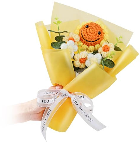 Pluzluce Handmade Crochet Flower Bouquet, Knitted Smile Sunflower, Hand-Woven Artificial Floral Arrangement for Mother’s Day, Birthday, Valentine's Day, Wedding, Graduation, Anniversary