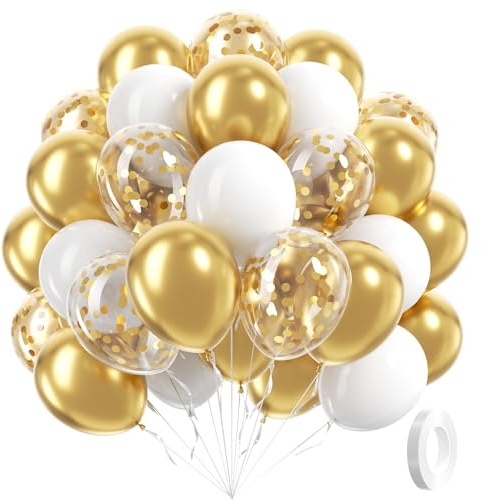 60pcs Gold and White Balloons 12inch, White and Gold Balloons with Metallic Gold Confetti Balloons for Graduation Wedding Engagement Birthday Party Decorations