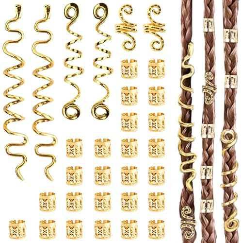 LUFFLOK 31 Stück Gold-Haarschmuck für Zöpfe, Dreadlocks Schmuck, Haaranhänger für Frauen und Männer, Manschetten-Clips für Haar-Dreadlock, Dreadlocks Perlen Flechtet Haarspiralen Clips (31 Stück)
