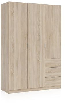 duehome | Armario Ropero de 3 Puertas y 3 Cajones, Armario Dormitorio, Acabado en Color Roble Canadian, Modelo Magan, Medidas: 135 cm (Ancho) x 200 cm (Alto) x 52 cm (Fondo)