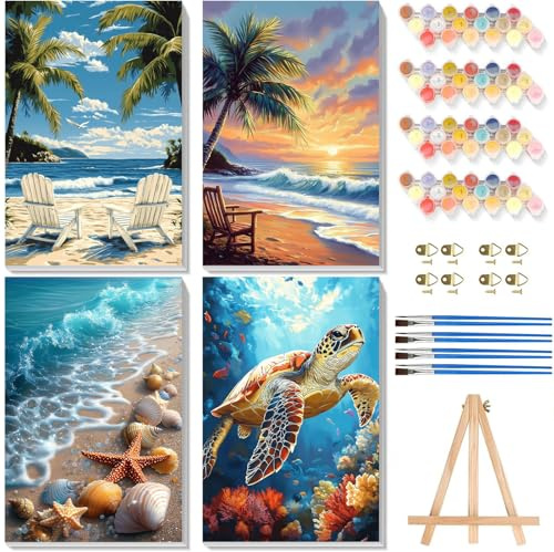 4 Pack Beach Paint by Numbers for Adults with Framed Canvas & Wooden Easel | Sea Turtle Adult Painting by Number Kit on Canvas, DIY Acrylic Oil Painting Kits with Brushes for Home Wall Decor 8x12 inch