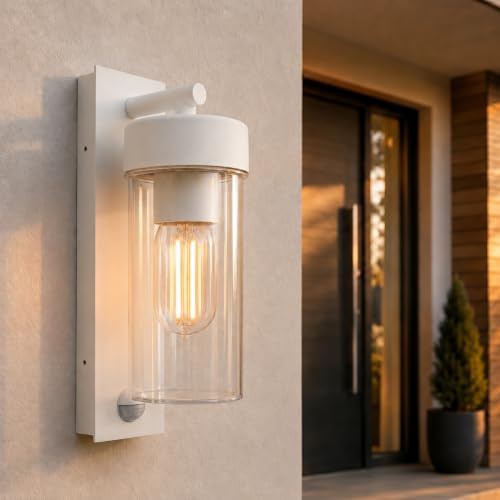 Maxkomfort LED Außenwandleuchte mit Bewegungsmelder E27 Weiß IP44 – Sensor-Wandlampe aus Aluminium & Kunststoff für Außenbereich, 230V, automatische Lichtsteuerung 4052B