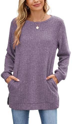 Famulily Jumpers for Women UK Longline Tops Casual Dressy Knit Jumper Ladies Sweatshirts Basic Autumn Winter Clothing Rib Tunic Purple XXL