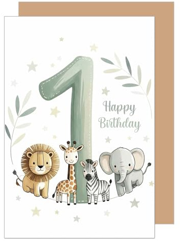Edition Seidel Premium Glückwunschkarte zum 1. Geburtstag mit Umschlag. Karte Grußkarte Geburtstagskarte Happy Birthday Englisch Mädchen Junge Kind Tiere Sterne Zahl (G4132 SW026)