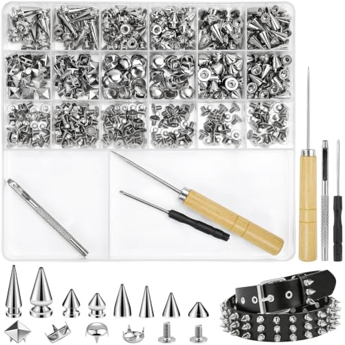Rierousy Juego de 455 remaches de plata – Punk Studs – Remaches de tornillo para manualidades de cuero, accesorios de bricolaje para aficionados, diseñadores y aficionados al punk, apto para