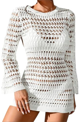 APGLSXY snygg lång nätklänning stickad med klockärmar bekväm polyester spetsklänning, perfekt för resor och cocktail klockärmar, Vit, XL