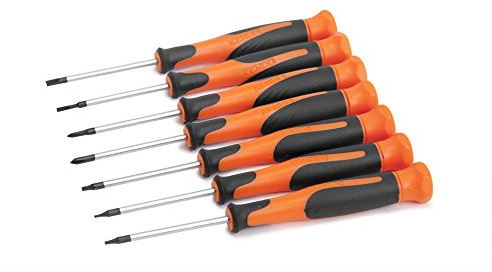 KENDO Jeu de tournevis mécanique de précision (SL/PH/TX) - 7 pièces - fente (SL) 2 et 3 mm - cruciforme (PH) PH00 et PH0 - TORX (TX) T8, T9 et T10 - Avec poignée ergonomique Soft Touch