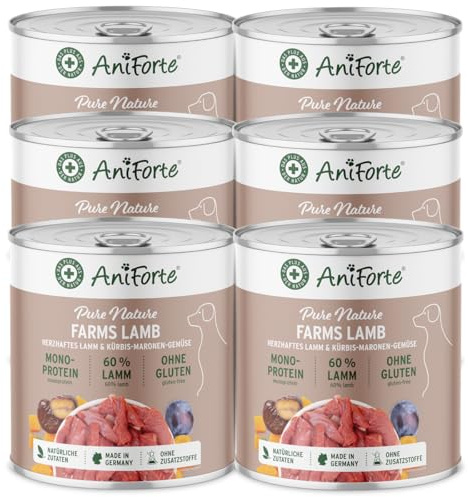 AniForte Hundefutter Nass FarmsLamb 6 x 800g – Nassfutter für Hunde, Frisches Lamm mit Gemüse & Früchten, hoher Fleischanteil, Natürliches Hundenassfutter glutenfrei