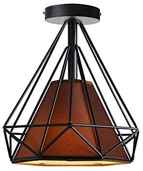 iDEGU Vintage Deckenleuchte Ø25 cm Industrie-Design Deckenlampe aus Metall Lampenschirm in Diamantform mit Stoff, Retro Lampe E27 für Schlafzimmer Wohnzimmer Café Bar Restaurant, Schwarz Braun