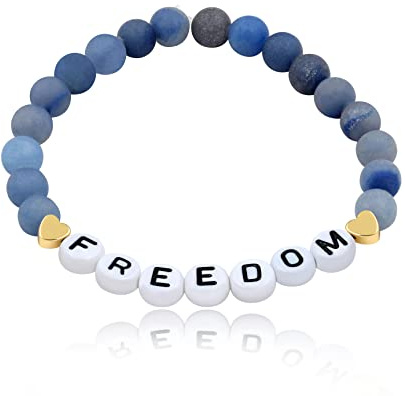T Brand Alphabet Initial FREEDOM Bracelet, Natural Matte Aventurine Blue Beaded Bracelet (Blue, 17cm/6.7inch)